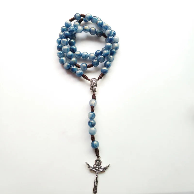 Catholic Smooth Blue Prayer Beads Chain Virgin Mary Christ Jesus Crucifix Cross Rosary Necklace