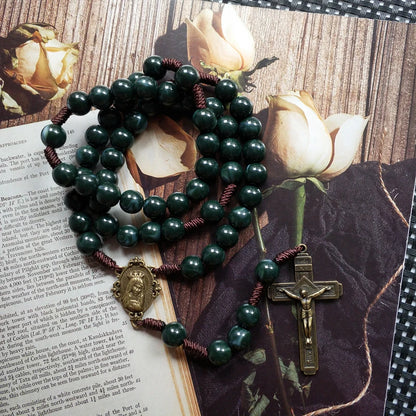 Cottvott Dark Green Rosary Necklace Prayer Beads Our Lady Virgin Mary Medal Crucifix Cross Pendant Jewelry Gifts