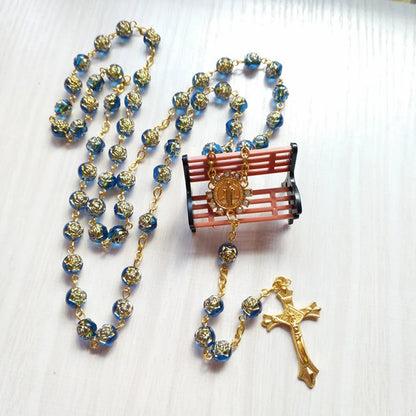 Cottvott Catholic Rhinestone Blue Rose Prayer Beads Chain Rosary Necklace with Golden St Benedict Medal