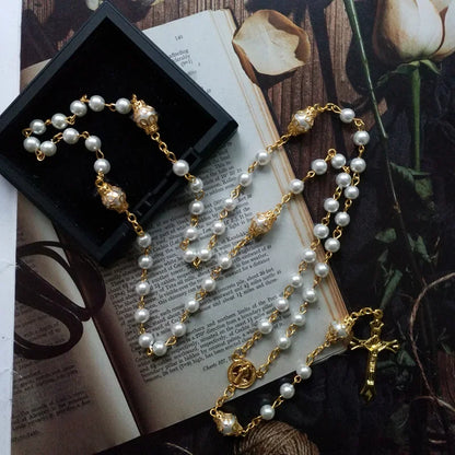 Catholic Simulated Peal Beads with Holy Mary Medal and Jesus Cross Pendant Rosery Necklace