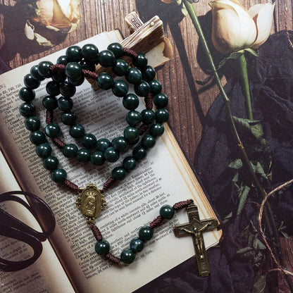 Cottvott Dark Green Rosary Necklace Prayer Beads Our Lady Virgin Mary Medal Crucifix Cross Pendant Jewelry Gifts