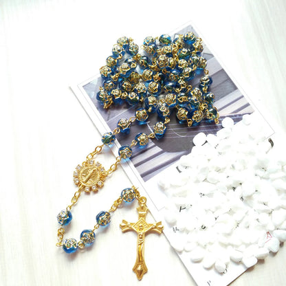 Cottvott Catholic Rhinestone Blue Rose Prayer Beads Chain Rosary Necklace with Golden St Benedict Medal