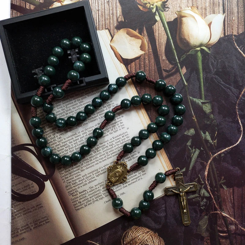 Cottvott Dark Green Rosary Necklace Prayer Beads Our Lady Virgin Mary Medal Crucifix Cross Pendant Jewelry Gifts