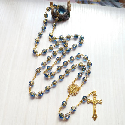 Cottvott Catholic Rhinestone Blue Rose Prayer Beads Chain Rosary Necklace with Golden St Benedict Medal