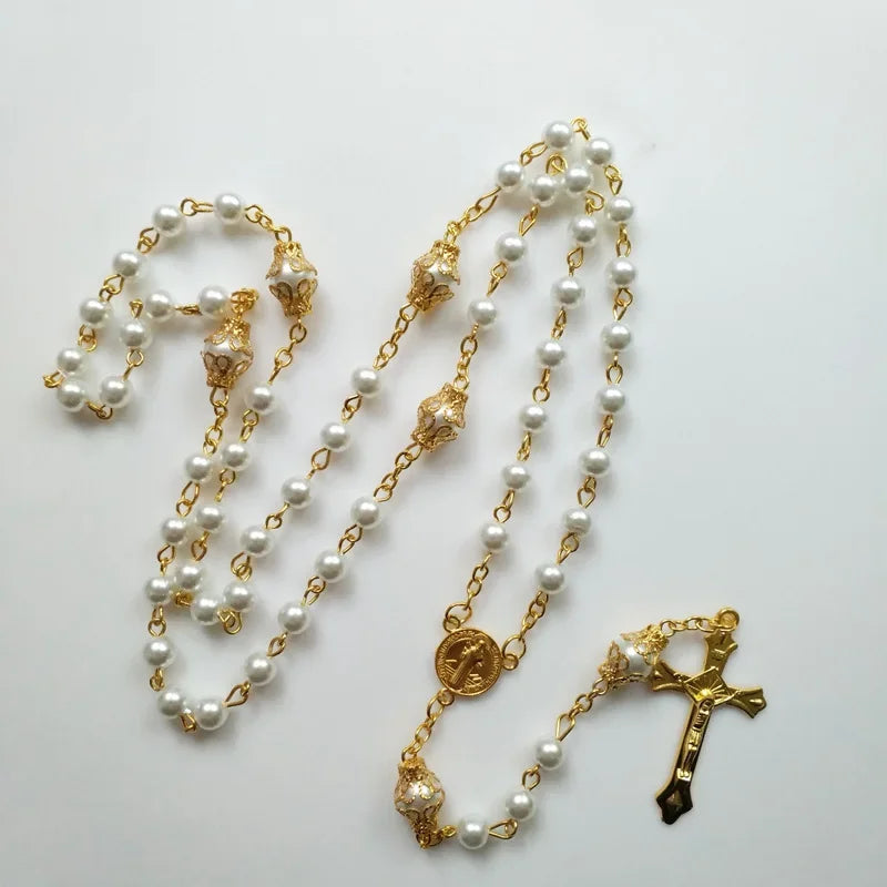 Catholic Simulated Peal Beads with Holy Mary Medal and Jesus Cross Pendant Rosery Necklace