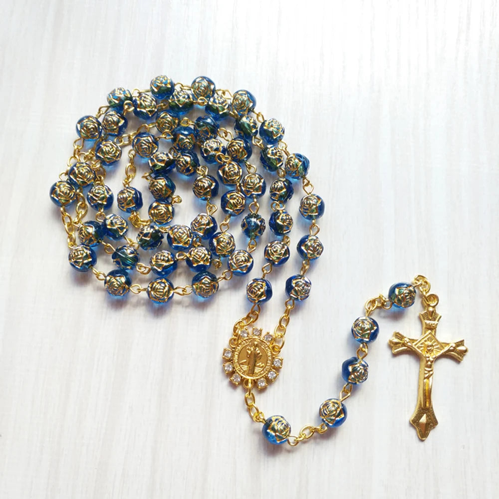 Cottvott Catholic Rhinestone Blue Rose Prayer Beads Chain Rosary Necklace with Golden St Benedict Medal