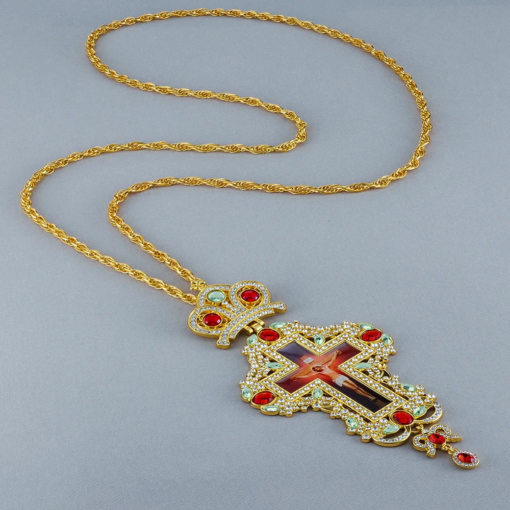 Cottvott Golden Color Jesus Crucifix Cross Pendant Orthodox Zircons Crystals Long Link Chain