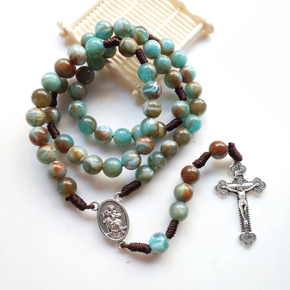 Cottvott Catholic Our Lady of Aparecida Blue Green Gradient Beads Chain Prayer Chaplet Rosary Necklace