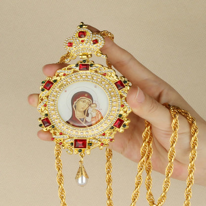 Orthodox Round Pectoral Necklace Virgin Mary and Jesus Zircons Crystals Pendant Baptism Gifts