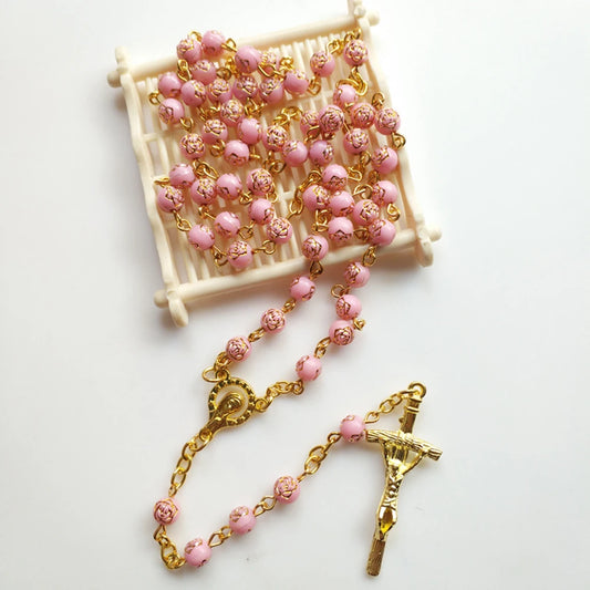 Cottvott Pink Rose Beads Chain Prayer Chaplet with Gold Color Virgin Mary Medal and Crucifix Cross Rosary Necklace