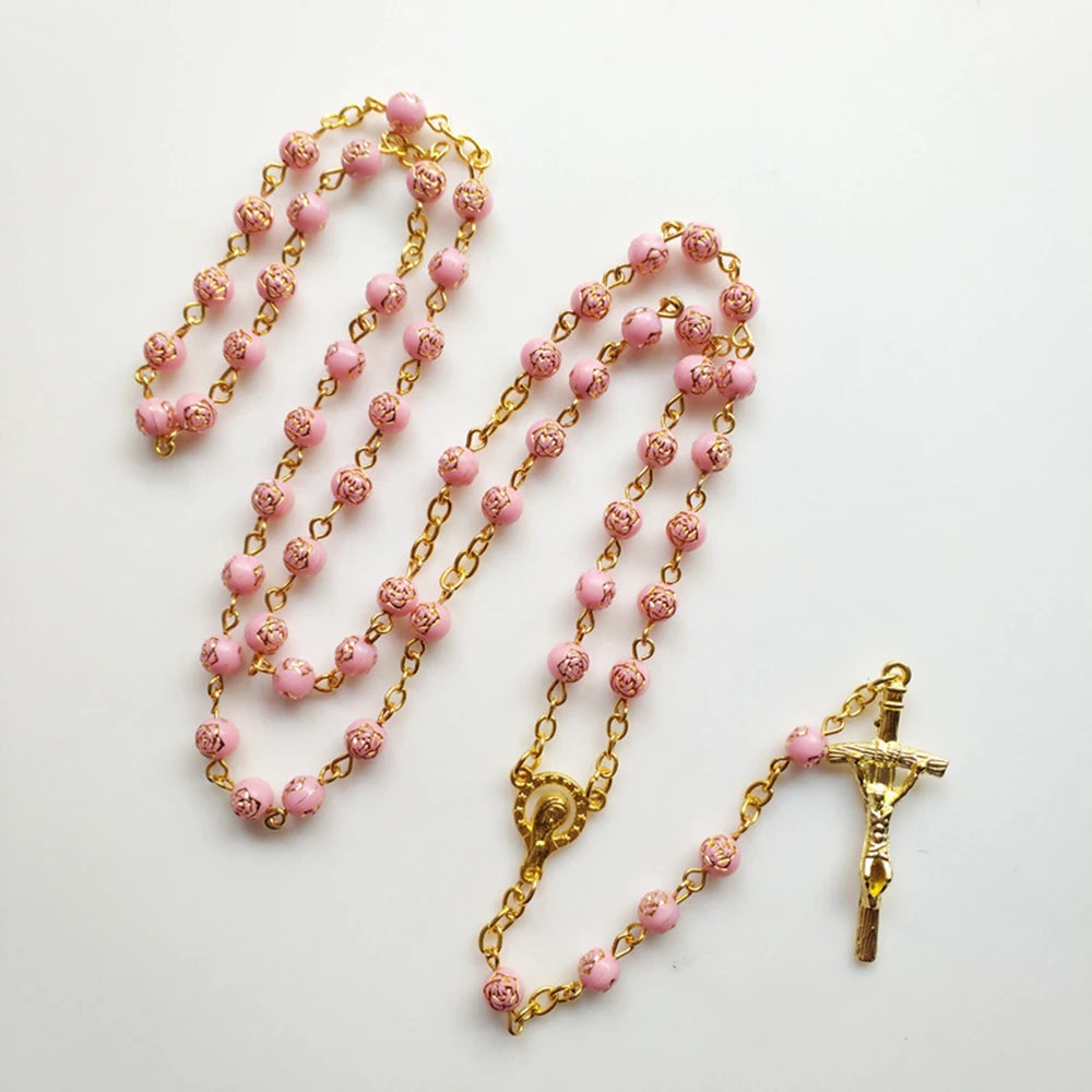 Cottvott Pink Rose Beads Chain Prayer Chaplet with Gold Color Virgin Mary Medal and Crucifix Cross Rosary Necklace