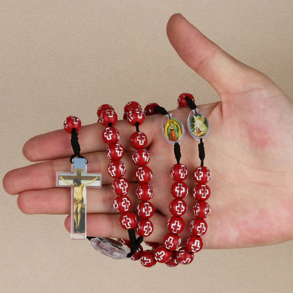 Cottvott Catholic Red Loose Beads Rosary Prayer Necklace with Jesus Cross Crucifixion Pendant Charms Religious Gifts