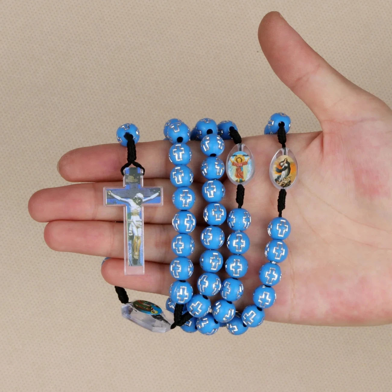 Cottvott Catholic Blue Beads Rosary Necklace for Women & Men with INRI Cross Crucifix Pendant Charms Religious Gifts