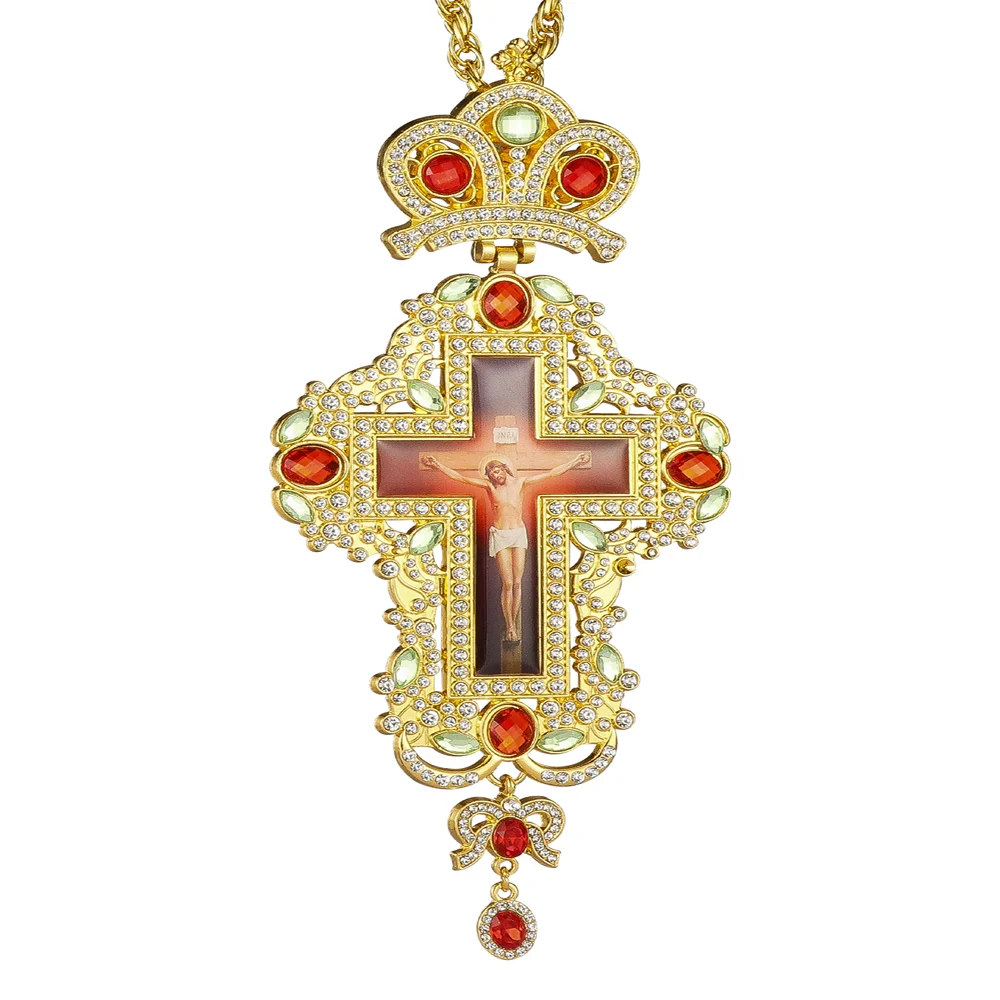 Cottvott Golden Color Jesus Crucifix Cross Pendant Orthodox Zircons Crystals Long Link Chain