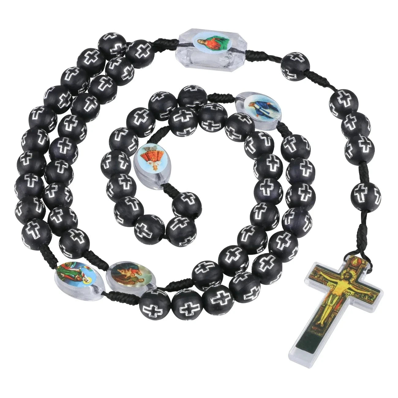 Cottvott Catholic Black Loose Beads Rosary Necklace Holy Soil Medal Jesus Cross Pendant with Braided Rope Religious Gift