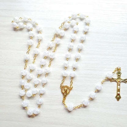 Catholic White Carved Rose-shaped Beads Rosary Necklace Virgin Mary Medal and Jesus Cross Pendant Prayer Jewelry