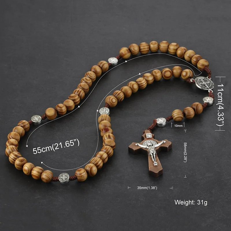 Cottvott Various Styles Wooden Antique Jesus Cross Pendant Rosary Necklaces with St. Benedict Connector Religious Jewery Gifts