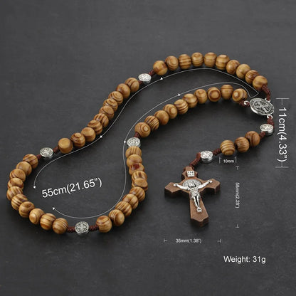 Cottvott Various Styles Wooden Antique Jesus Cross Pendant Rosary Necklaces with St. Benedict Connector Religious Jewery Gifts