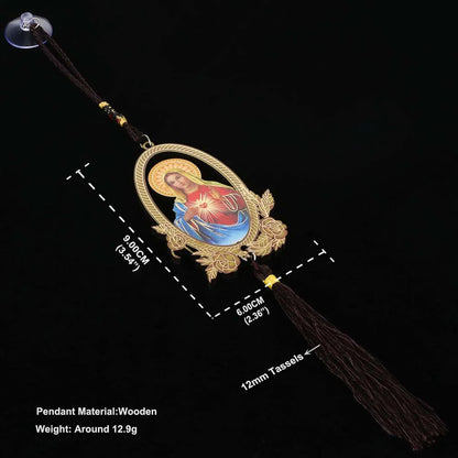 Wooden Long Fringe Car Pendant Classical Christian Sacred Heart of Virgin Mary Rearview Mirror Hanging Ornaments Decoraction