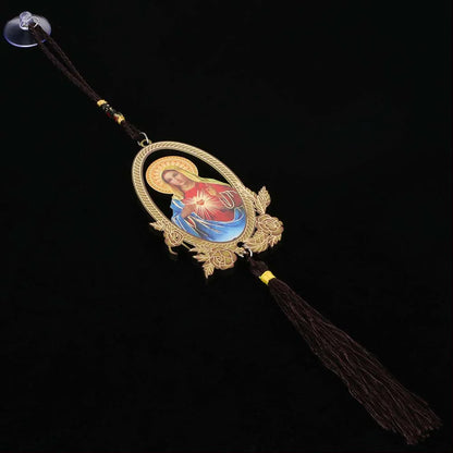 Wooden Long Fringe Car Pendant Classical Christian Sacred Heart of Virgin Mary Rearview Mirror Hanging Ornaments Decoraction