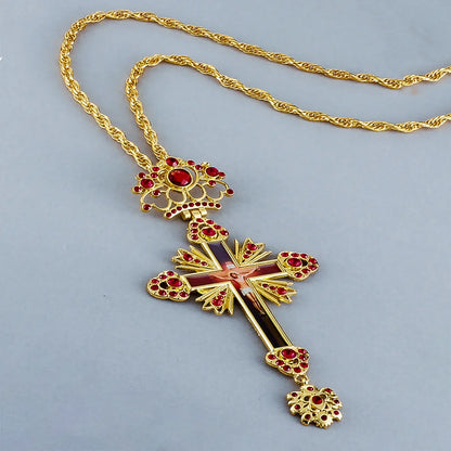 Cottvott Pectoral Cross Orthodox Jesus Necklace Filled with Red Rhinestone Religious Necklace Jewelry Pastor Prayer Gifts