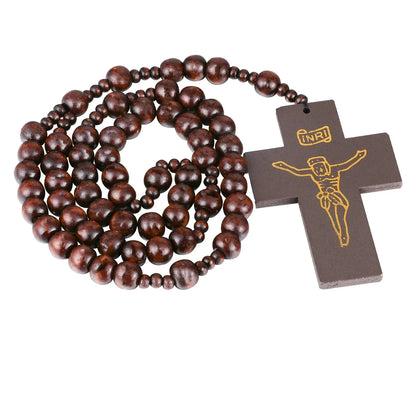 Large Catholic Wooden Beads Rosary Necklace with Jesus Crucifixion Cross Pendant Religious Craft Baptism Devotional Gift