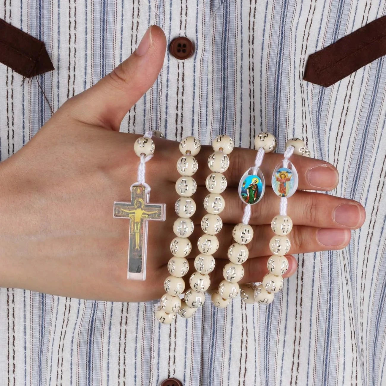 Cottvott Catholic White Rosary Prayer Necklace Acrylic Loose Beads With Rope Chain