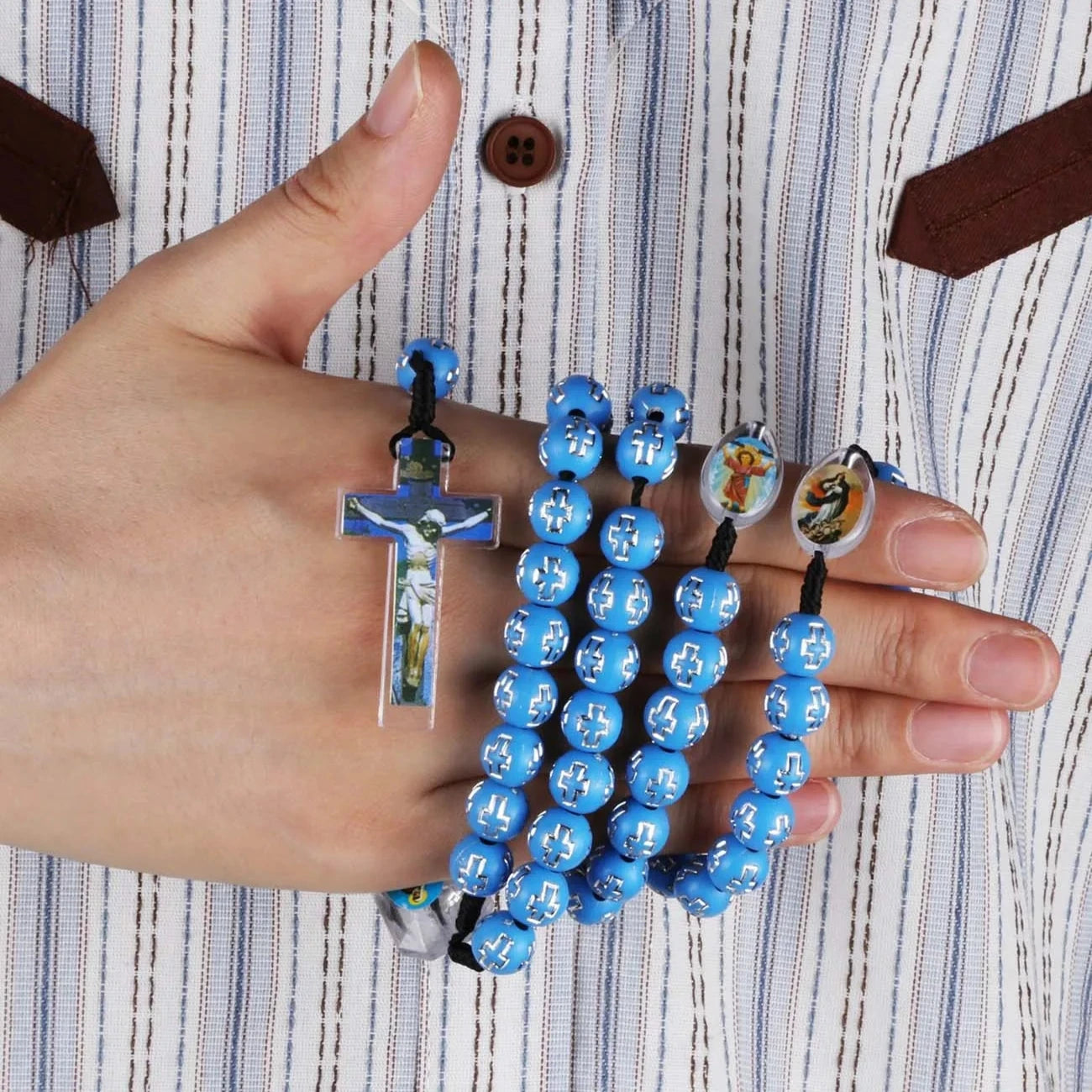 Cottvott Catholic Blue Beads Rosary Necklace for Women & Men with INRI Cross Crucifix Pendant Charms Religious Gifts