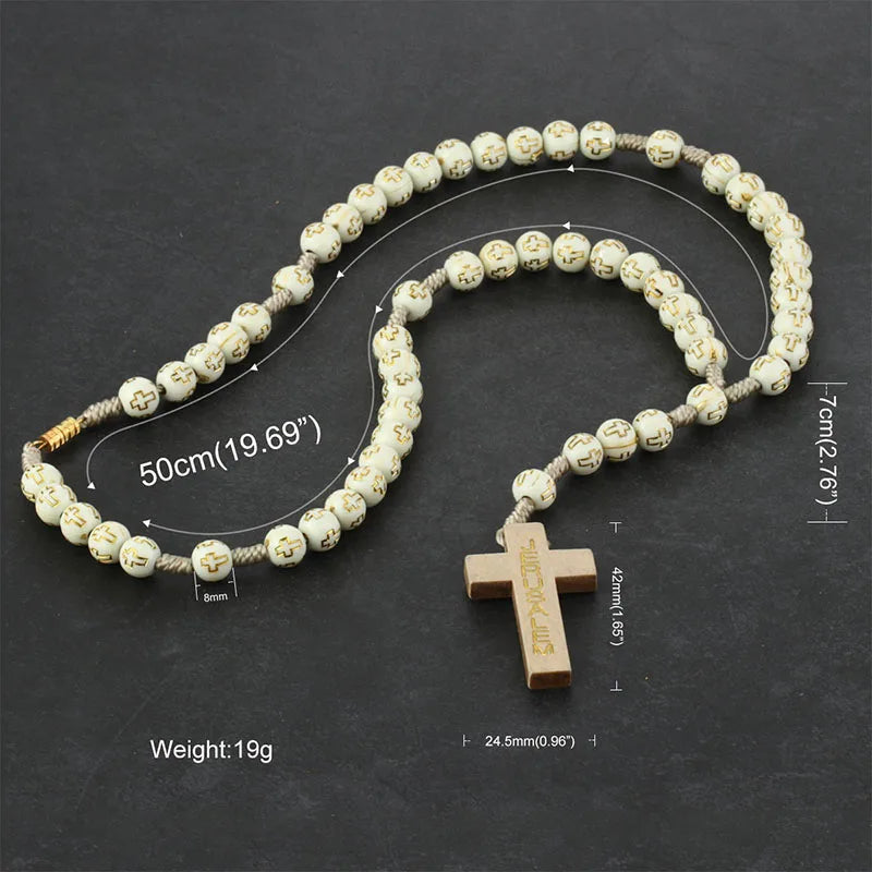 Cottvott Various Styles Wooden Antique Jesus Cross Pendant Rosary Necklaces with St. Benedict Connector Religious Jewery Gifts