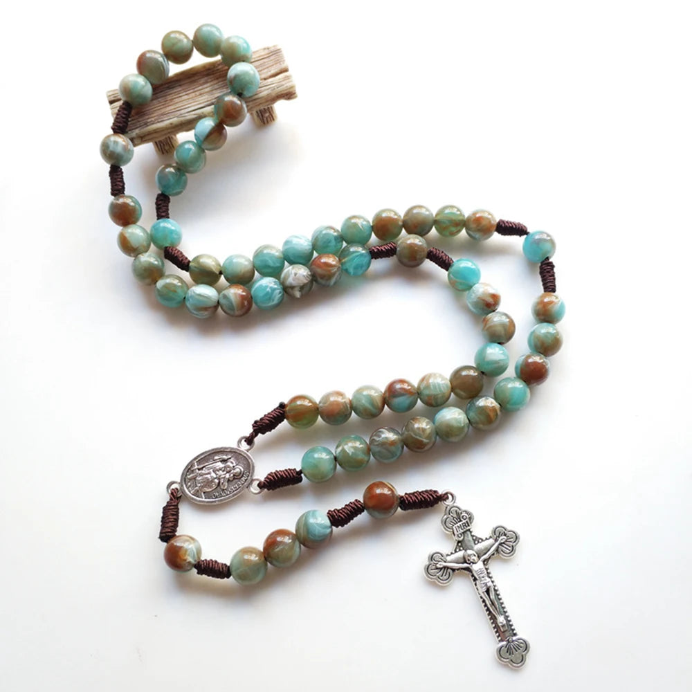 Cottvott Catholic Our Lady of Aparecida Blue Green Gradient Beads Chain Prayer Chaplet Rosary Necklace