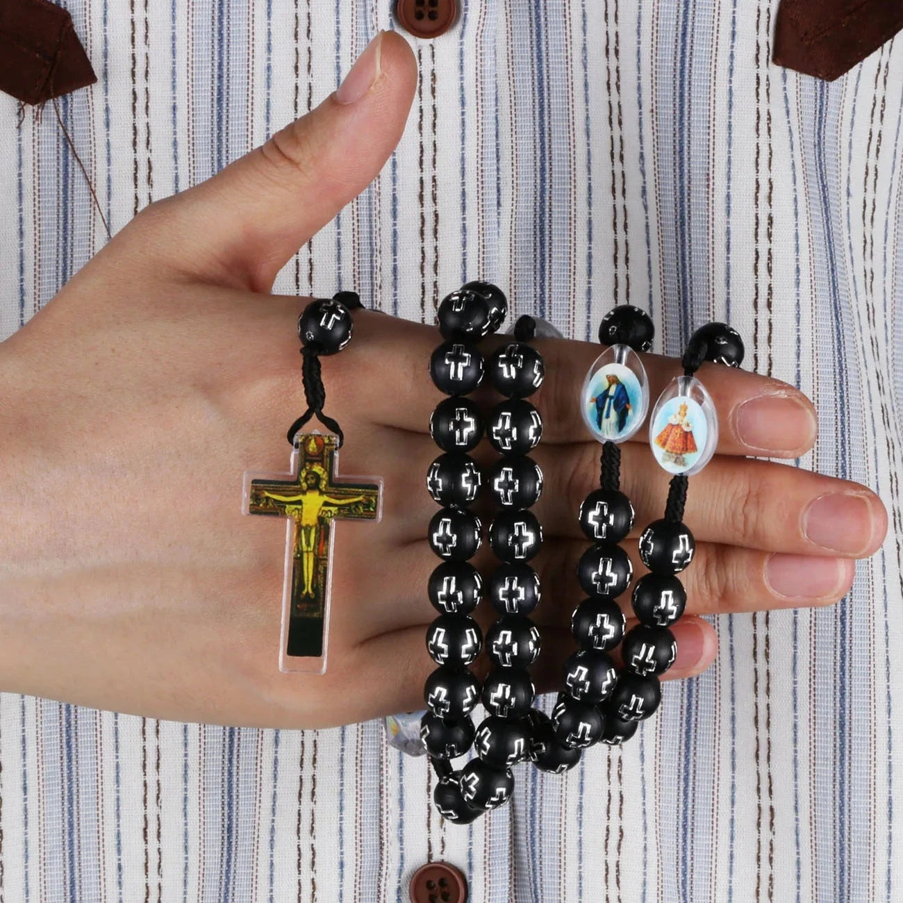 Cottvott Catholic Black Loose Beads Rosary Necklace Holy Soil Medal Jesus Cross Pendant with Braided Rope Religious Gift