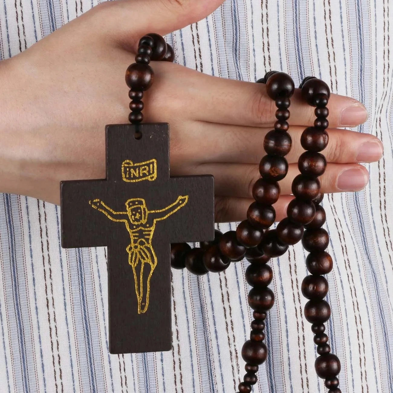 Large Catholic Wooden Beads Rosary Necklace with Jesus Crucifixion Cross Pendant Religious Craft Baptism Devotional Gift