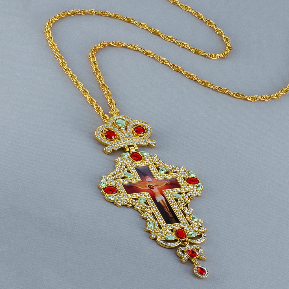 Cottvott Golden Color Jesus Crucifix Cross Pendant Orthodox Zircons Crystals Long Link Chain