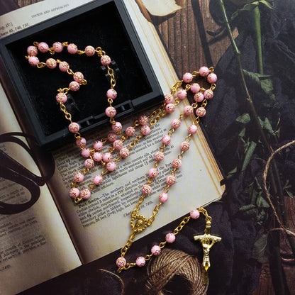 Cottvott Pink Rose Beads Chain Prayer Chaplet with Gold Color Virgin Mary Medal and Crucifix Cross Rosary Necklace