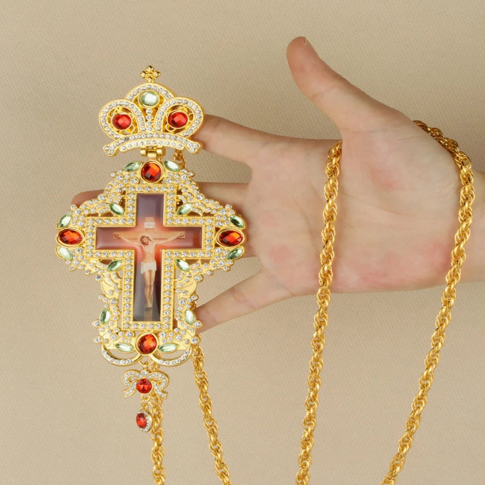 Cottvott Golden Color Jesus Crucifix Cross Pendant Orthodox Zircons Crystals Long Link Chain