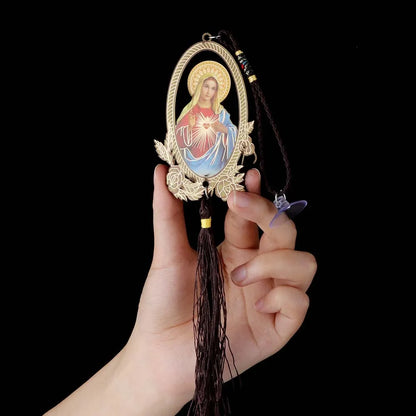 Wooden Long Fringe Car Pendant Classical Christian Sacred Heart of Virgin Mary Rearview Mirror Hanging Ornaments Decoraction