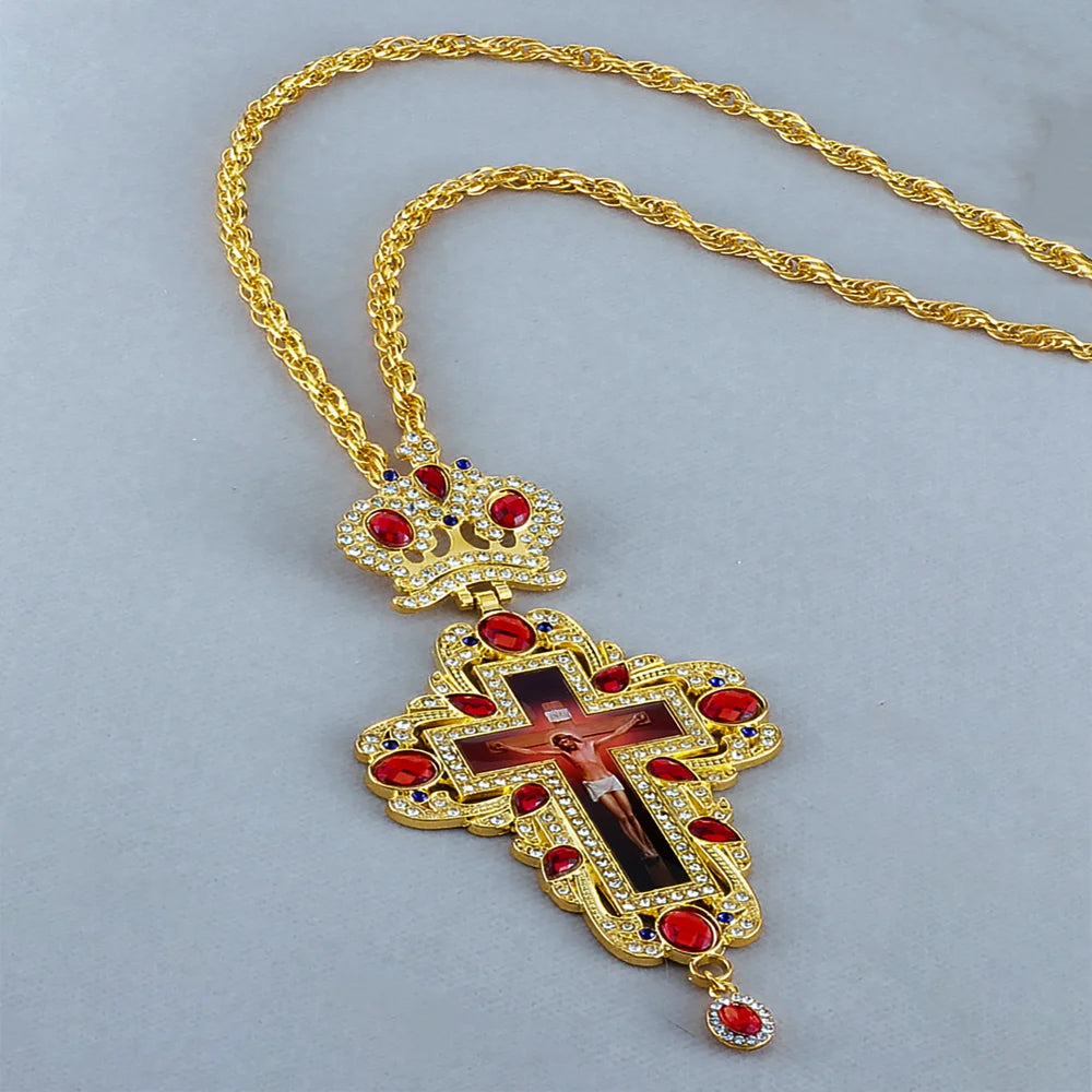 Orthodox Zircons Crystals Cross Pendant Pectoral Necklace Christian Baptism Gift for Men & Women