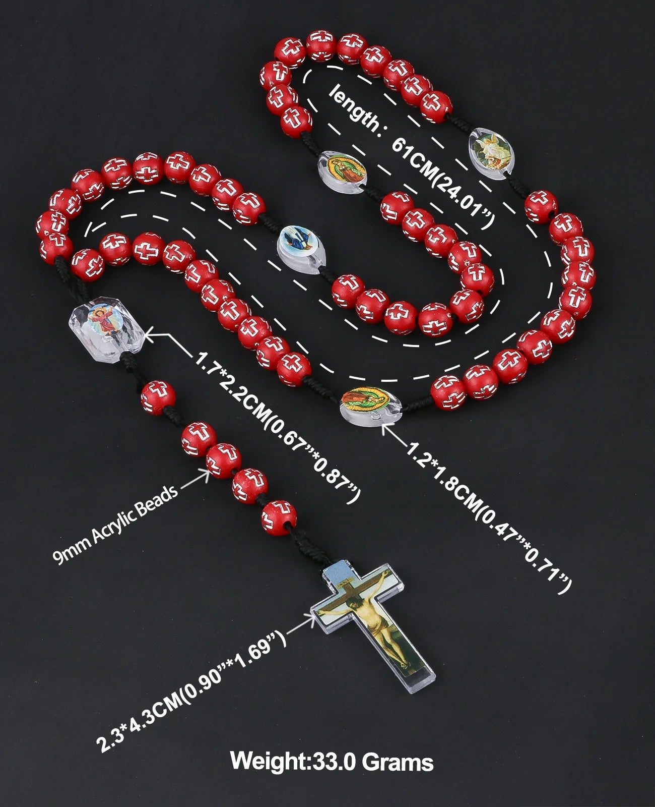 Cottvott Catholic Red Loose Beads Rosary Prayer Necklace with Jesus Cross Crucifixion Pendant Charms Religious Gifts