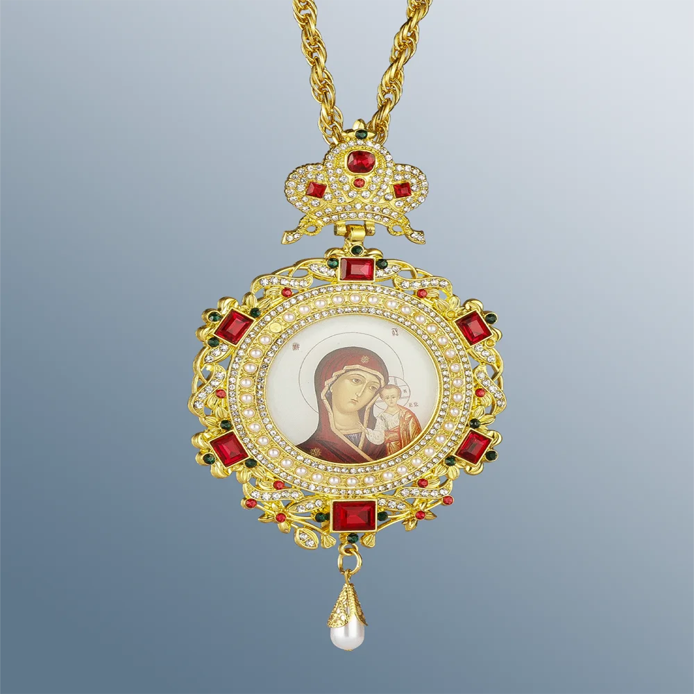 Orthodox Round Pectoral Necklace Virgin Mary and Jesus Zircons Crystals Pendant Baptism Gifts