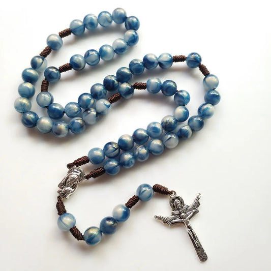 Catholic Smooth Blue Prayer Beads Chain Virgin Mary Christ Jesus Crucifix Cross Rosary Necklace