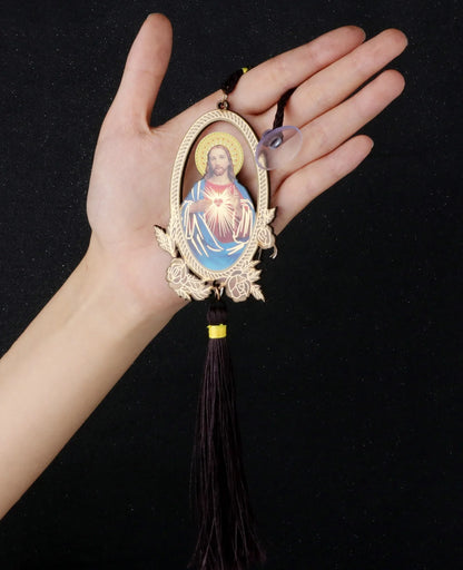 Cottvott 1Pc Car Rear Mirror Hanging Ornament Heart of Jesus Religious Long Fringe Wooden Pendant Car Decoration Accessories