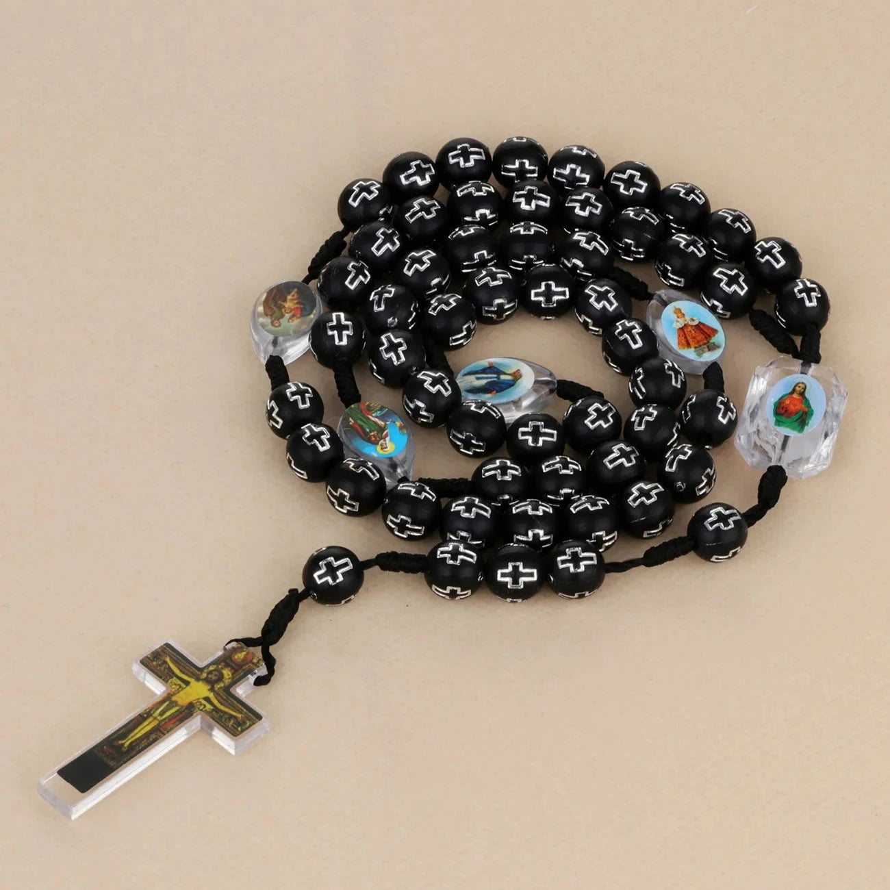 Cottvott Catholic Black Loose Beads Rosary Necklace Holy Soil Medal Jesus Cross Pendant with Braided Rope Religious Gift