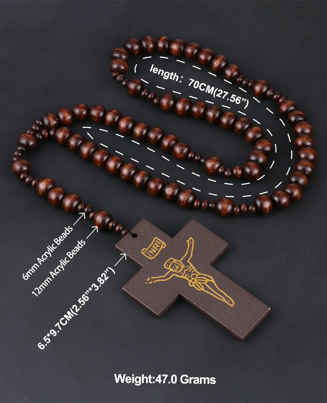 Large Catholic Wooden Beads Rosary Necklace with Jesus Crucifixion Cross Pendant Religious Craft Baptism Devotional Gift