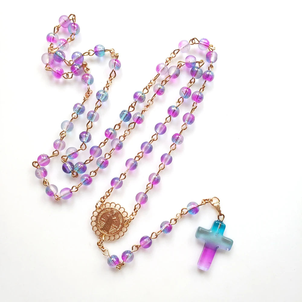 Cottvott Catholic St. Benedict Medal Dreaming Color Glass Bead Chain Cross Rosary Necklace