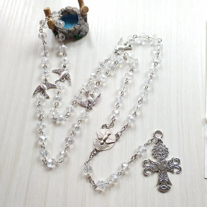 Catholic Holy Spirit Dove Medal Rosary Necklace Cross Pendant Crystal Prayer Beads Chain