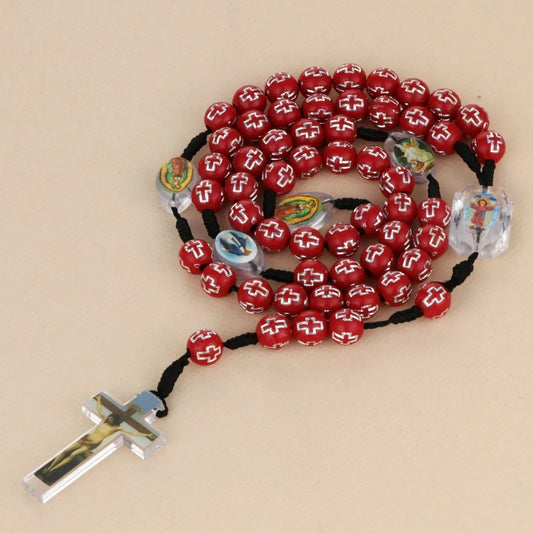 Cottvott Catholic Red Loose Beads Rosary Prayer Necklace with Jesus Cross Crucifixion Pendant Charms Religious Gifts