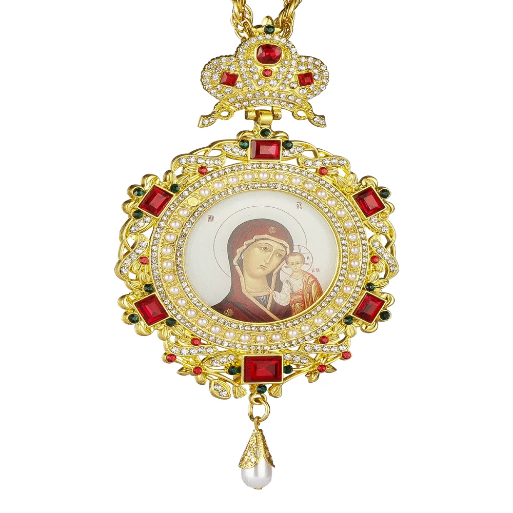 Orthodox Round Pectoral Necklace Virgin Mary and Jesus Zircons Crystals Pendant Baptism Gifts