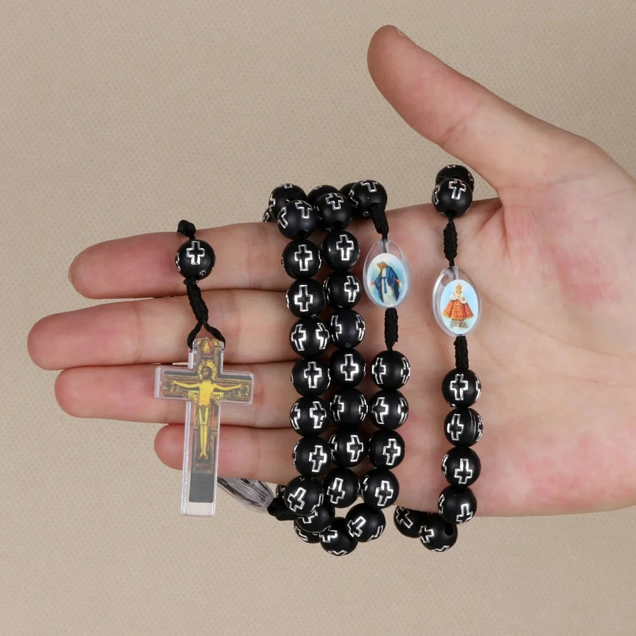 Cottvott Catholic Black Loose Beads Rosary Necklace Holy Soil Medal Jesus Cross Pendant with Braided Rope Religious Gift