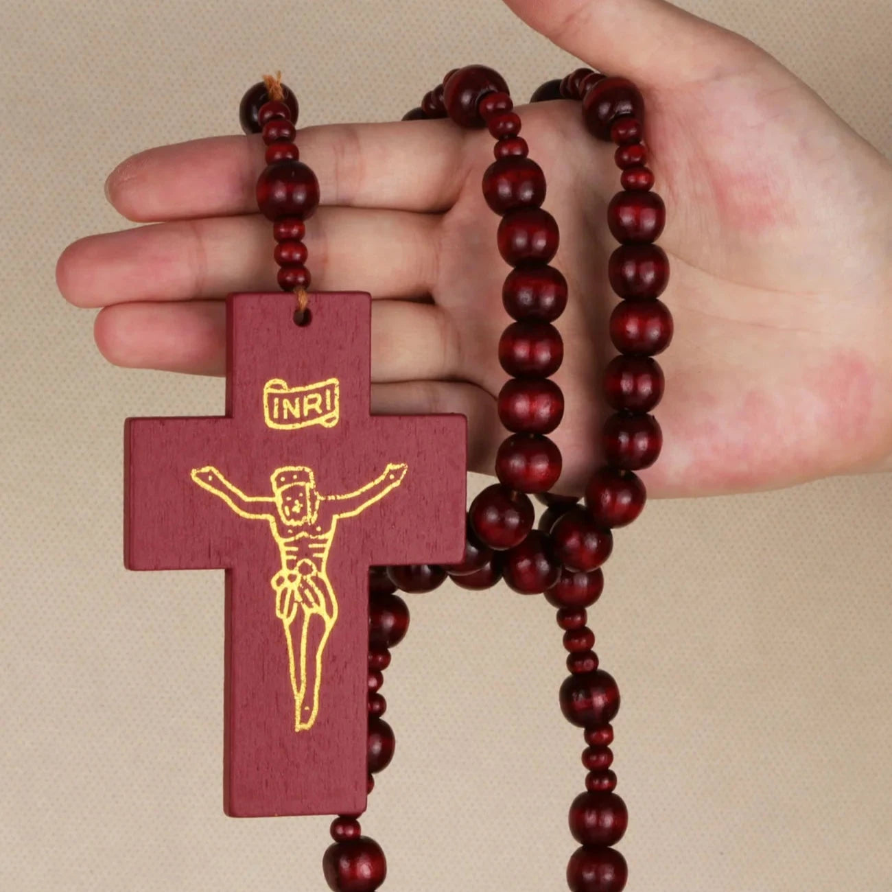 Large Catholic Wooden Beads Rosary Necklace with Jesus Crucifixion Cross Pendant Religious Craft Baptism Devotional Gift