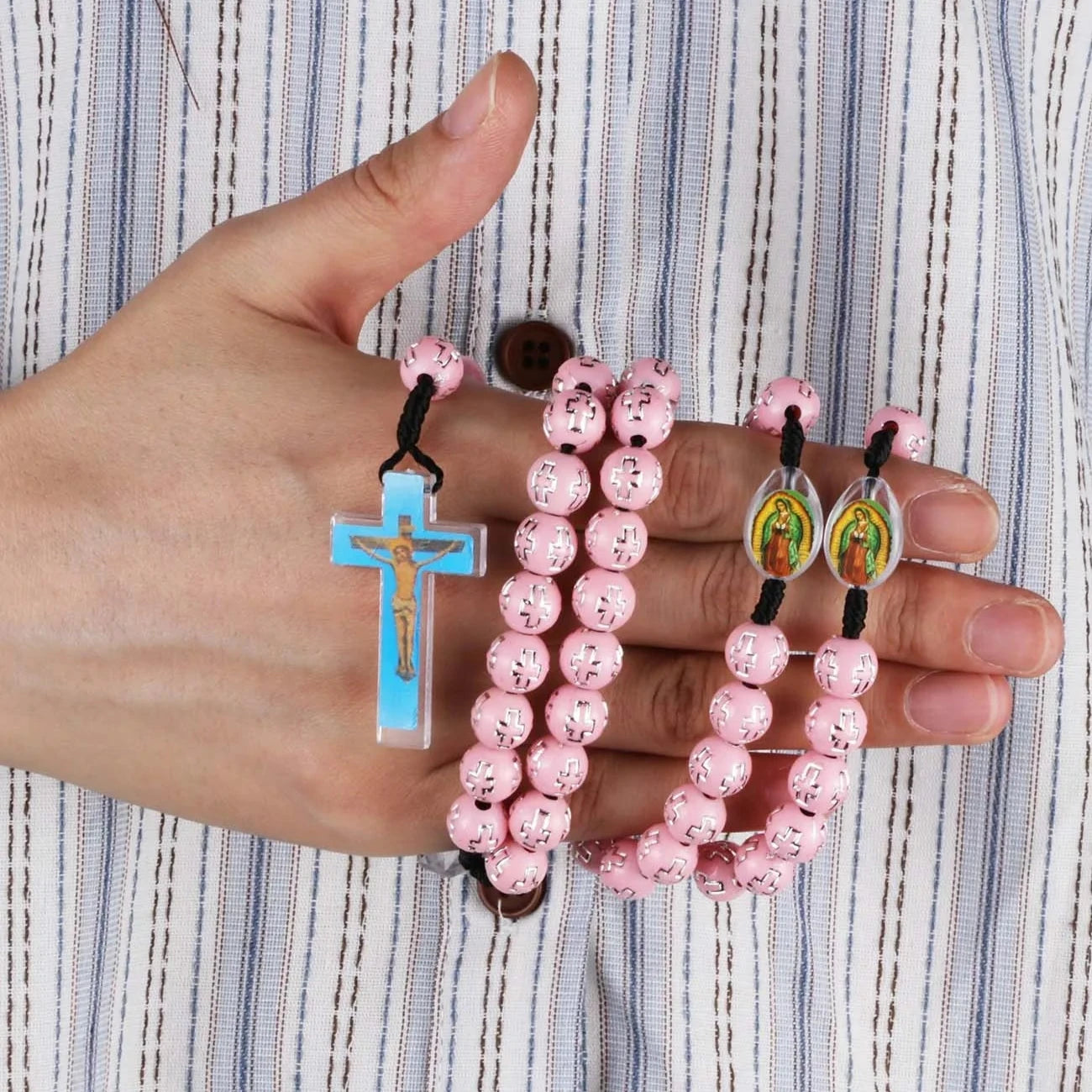 Cottvott Braided Rope Pink Rosery Necklace Bule Jesus Cross Pendant Christian Church Priest Crucifix Orthodox Baptism Gifts